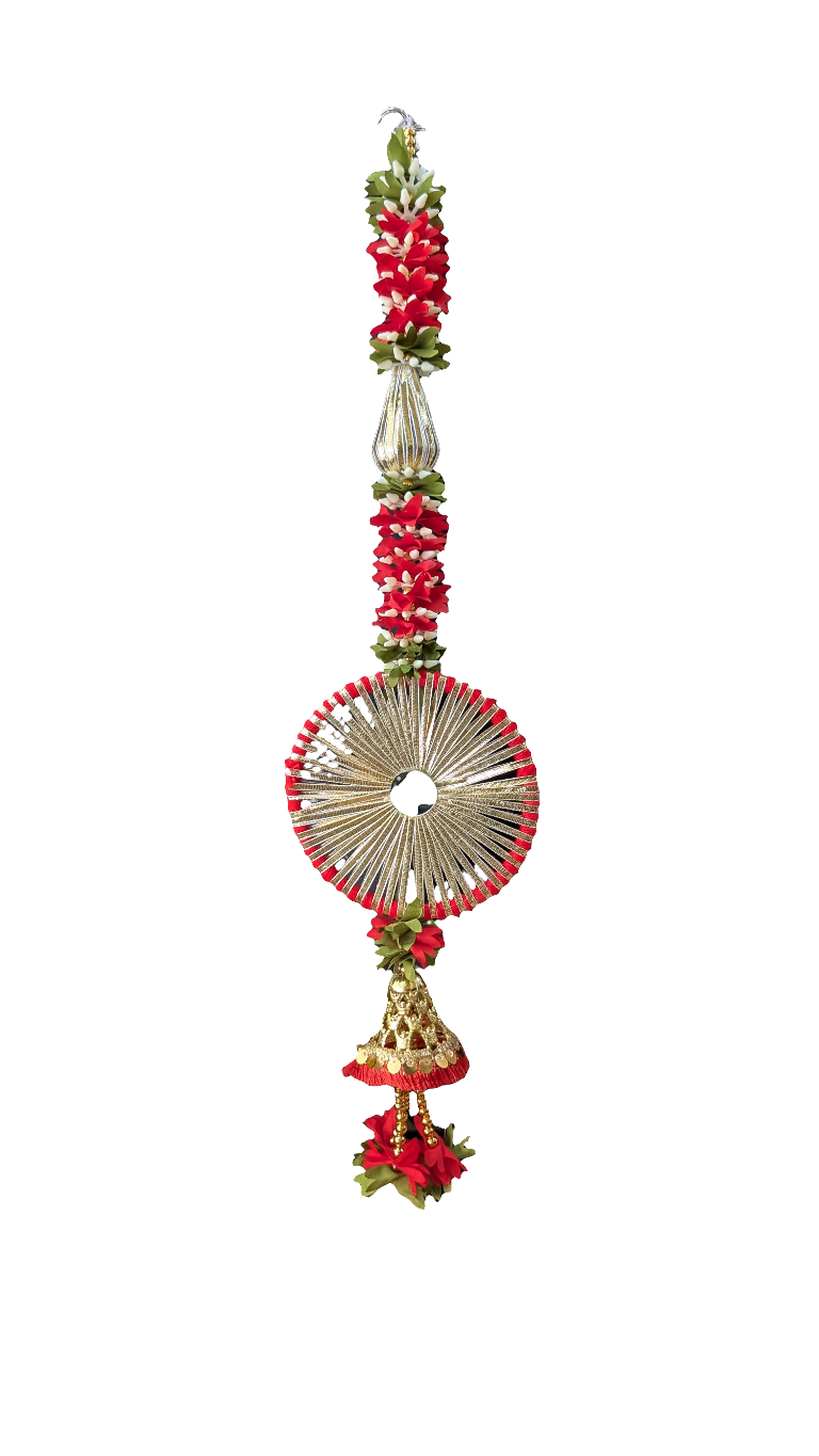 Artificial Marigold Hanging Toran (Red) Chakra and Bell Set of 2