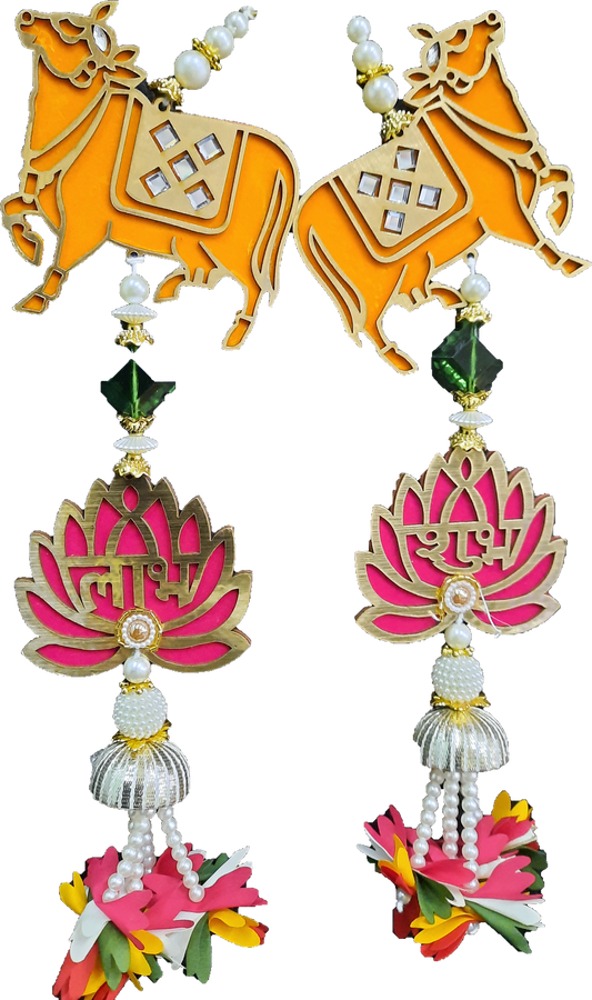 Set of 2 Nandi and Lotus Shubh Labh Hanging Toran - Spice Village