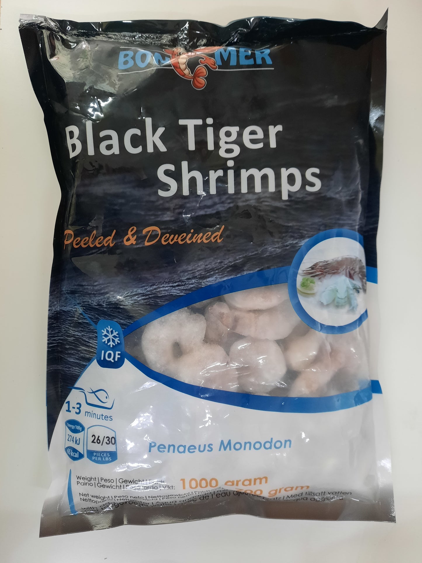 Frozen BonMer Black Tiger Shrimp Easy Peel & Deveined 26/30 700gm - Only Berlin Same Day Delivery