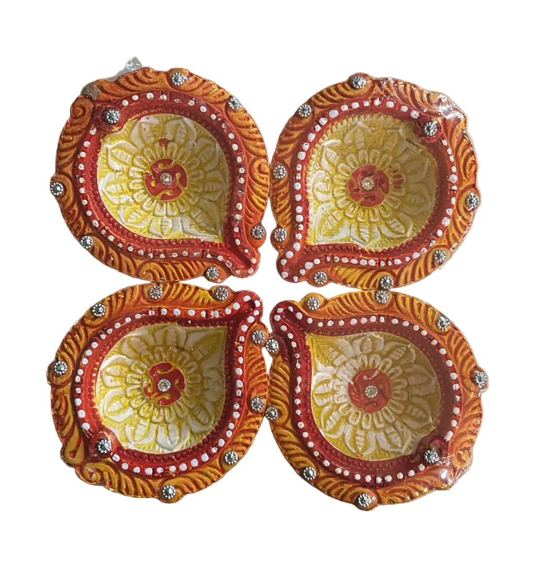 Premium Fancy Diya Set – Diamond Stone Design (Set of 4)