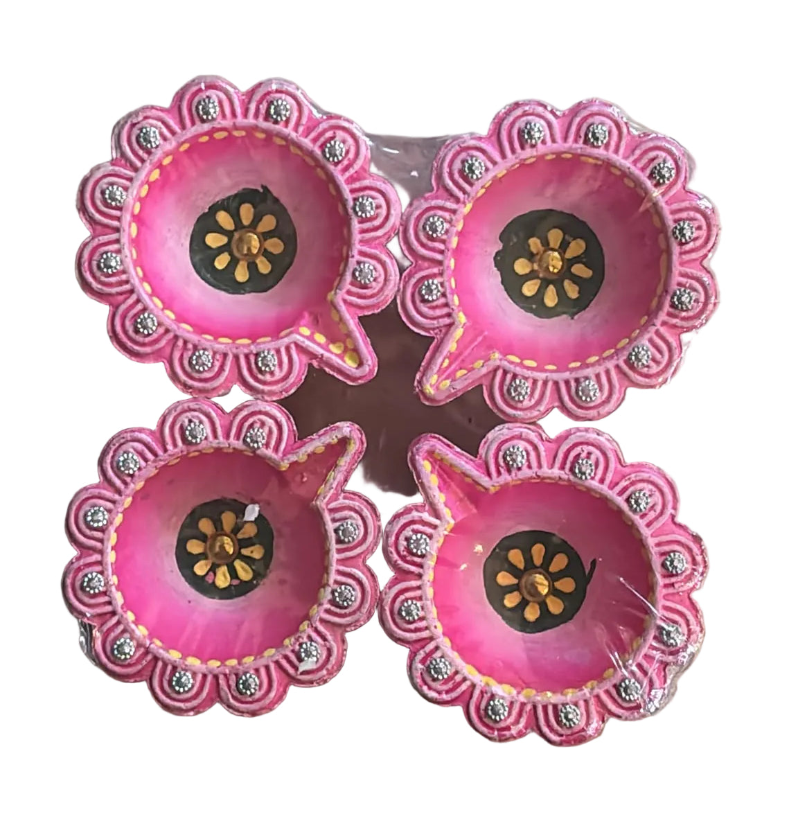 Premium Fancy Diya Set – Diamond Stone Design (Set of 4)