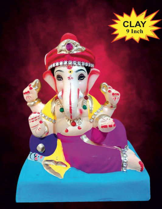 Ganesh Idol 9"  Home Visarjan Kacchi Mitti (Eco Friendly - 94 (Diamond) - Assorted Colour - Only Berlin same day delivery