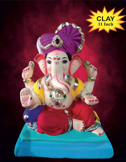 Ganesh Idol 11"  Home Visarjan Kacchi Mitti (Eco Friendly - 111 (Diamond) - Assorted Colour - Only Berlin same day delivery