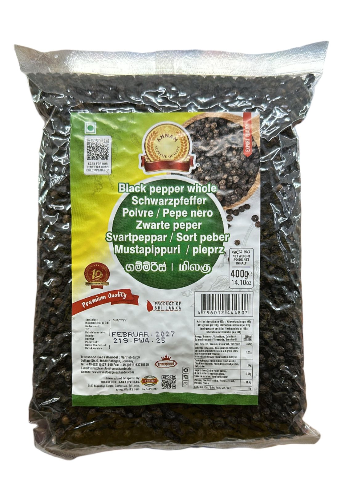 Annam Black Pepper Whole 400gm - Spice Village