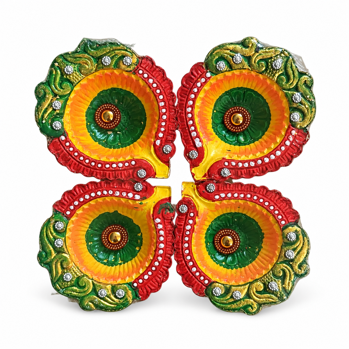 Premium Fancy Diya Set – Diamond Stone Design (Set of 4) - Spice Village