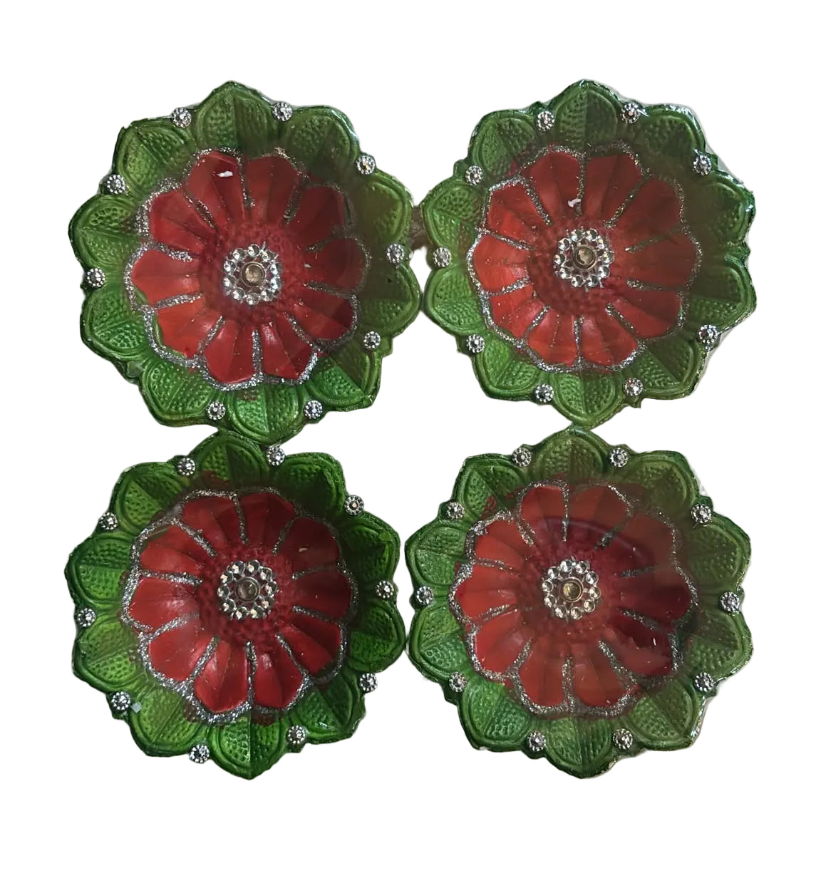 Premium Fancy Diya Set – Diamond Stone Design (Set of 4)