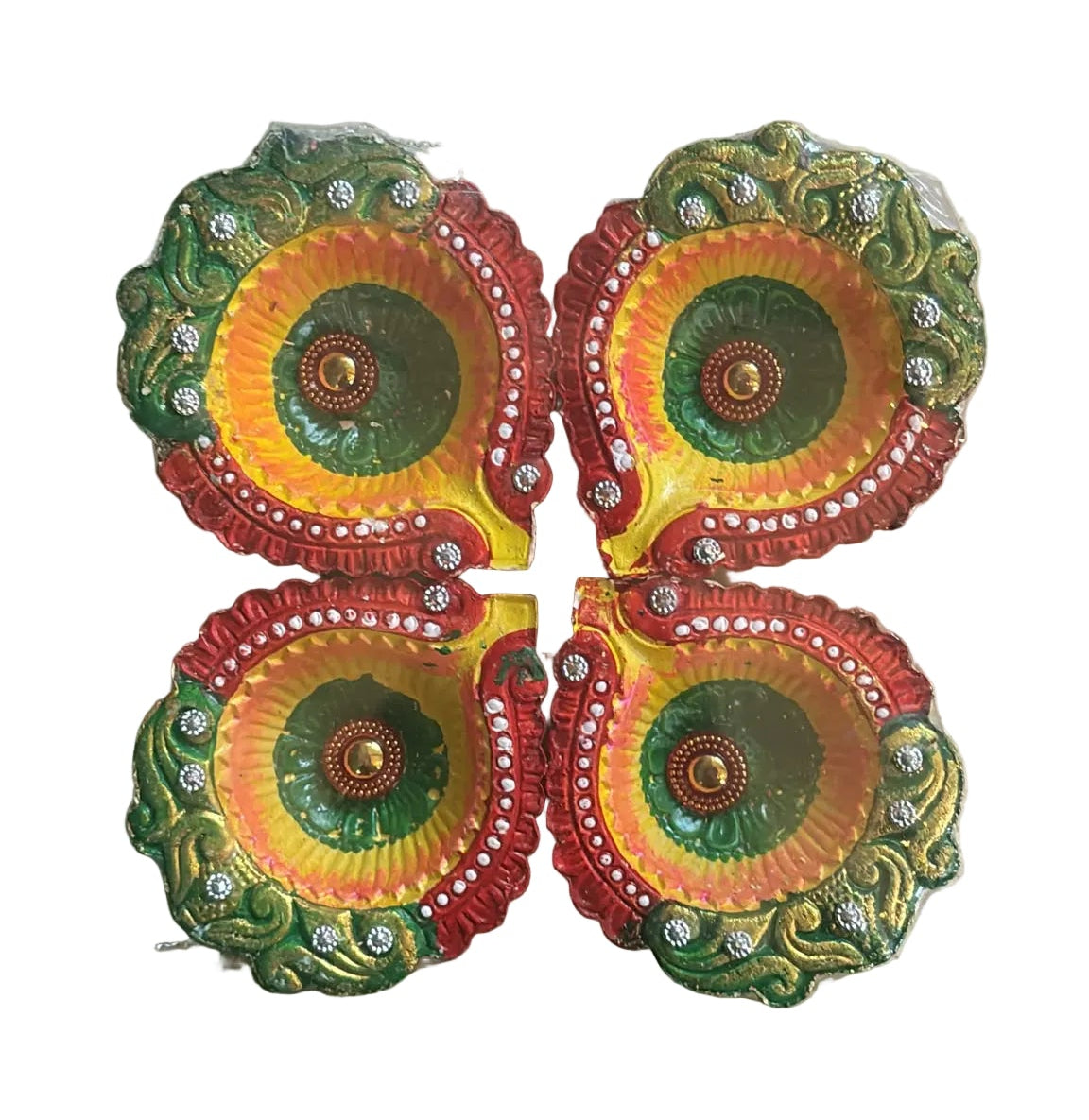 Premium Fancy Diya Set – Diamond Stone Design (Set of 4)