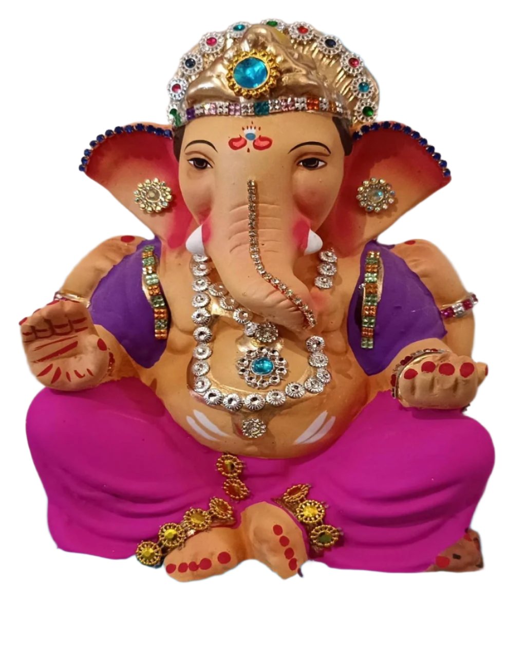 Ganesh Idol 8" Diamond work Home Visarjan Kacchi Mitti Ganesh (Eco Friendly - 46) - Assorted Colour - Only Berlin same day delivery