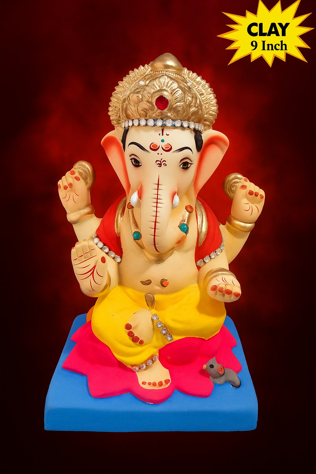 Ganesh Idol 9"  Home Visarjan Kacchi Mitti  (Eco Friendly - 95) (Diamond) - Assorted Colour - Only Berlin same day delivery - Spice Village