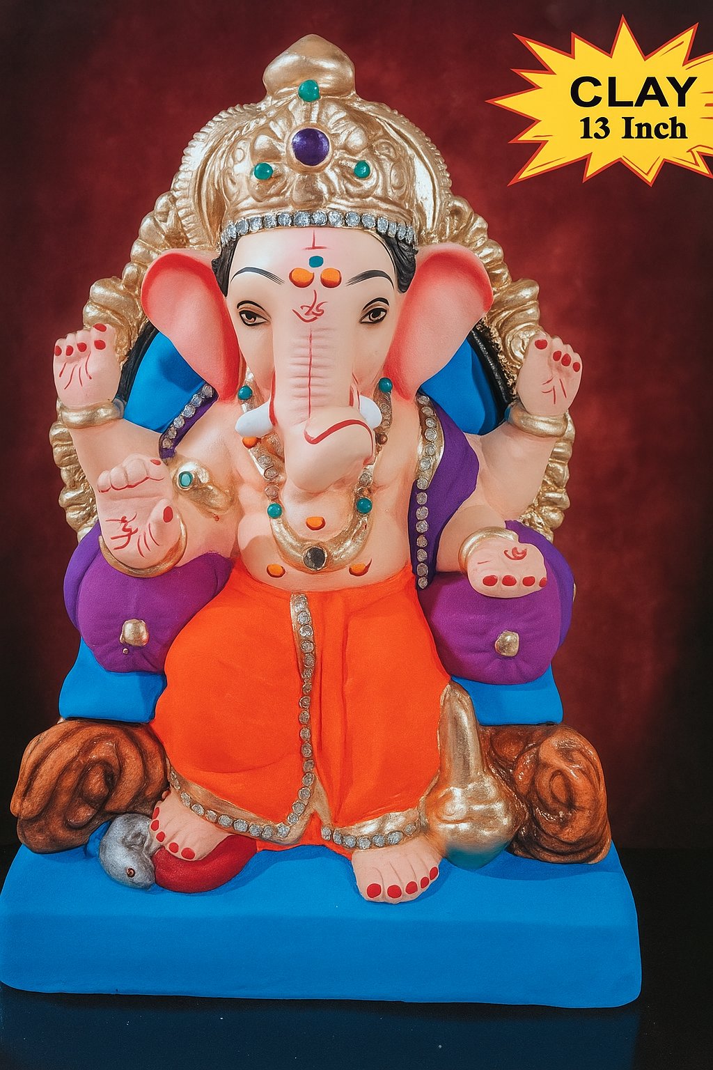 Ganesh Idol 13"  Home Visarjan Kacchi Mitti (Eco Friendly - 133 (Diamond) - Assorted Colour - Only Berlin same day delivery - Spice Village