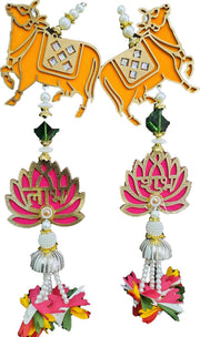 Set of 2 Nandi and Lotus Shubh Labh Hanging Toran - Spice Village