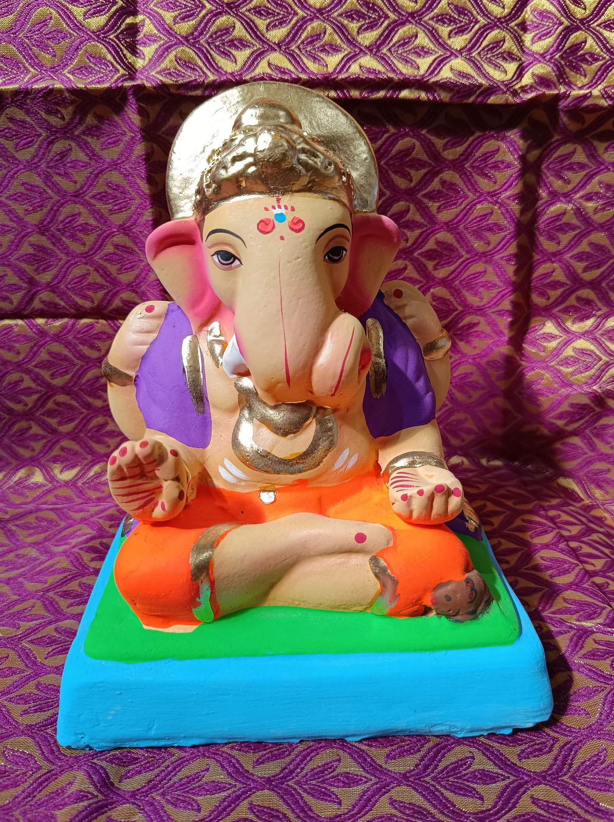 Ganesh Idol 6"  Home Visarjan Kacchi Mitti Ganesh (Eco Friendly -06) (COLOURED) - Assorted Colour - Only Berlin same day delivery - Spice Village