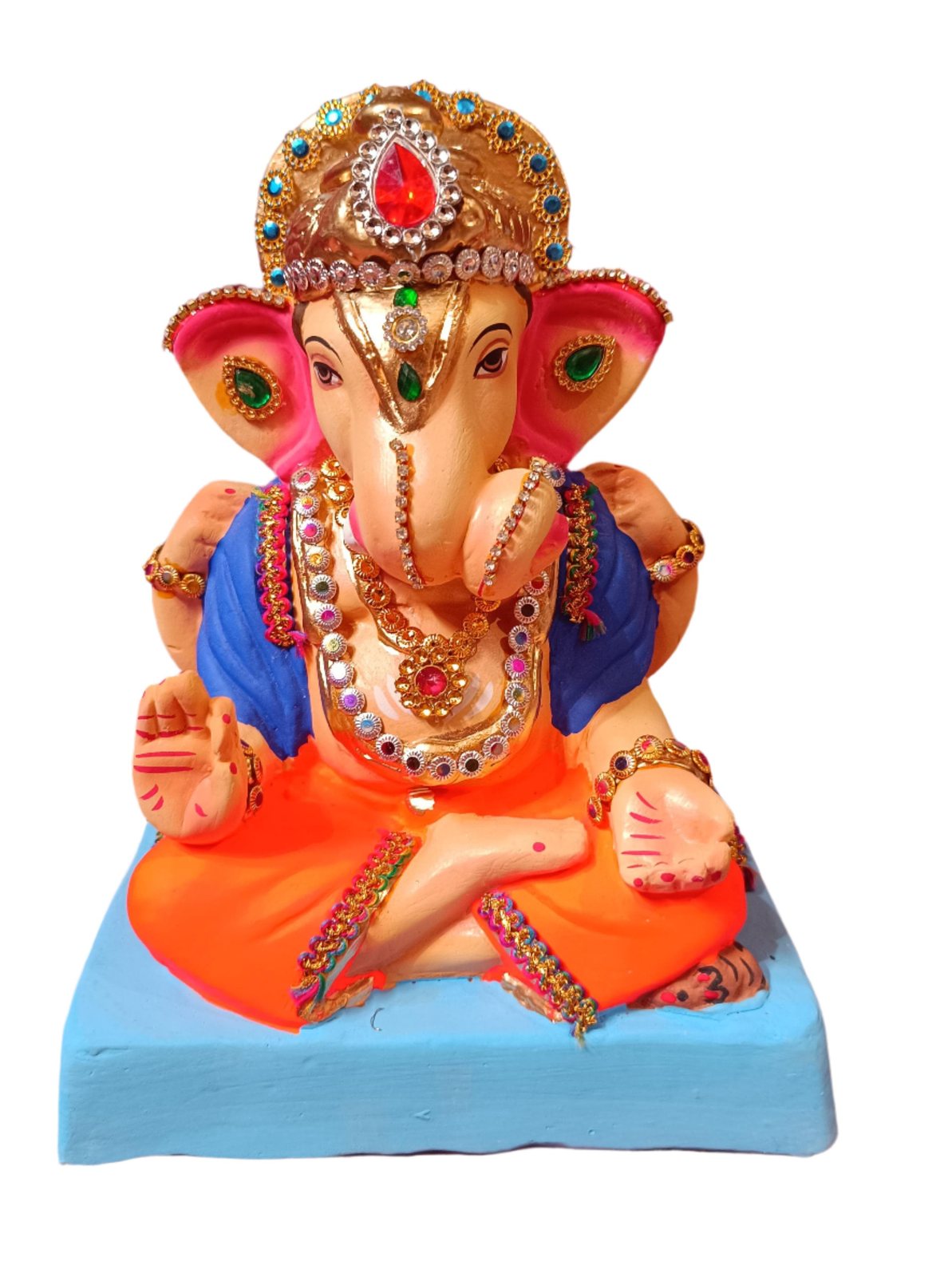 Ganesh Idol 8" Diamond work Home Visarjan Kacchi Mitti Ganesh (Eco Friendly - 45) - Assorted Colour - Only Berlin same day delivery - Spice Village