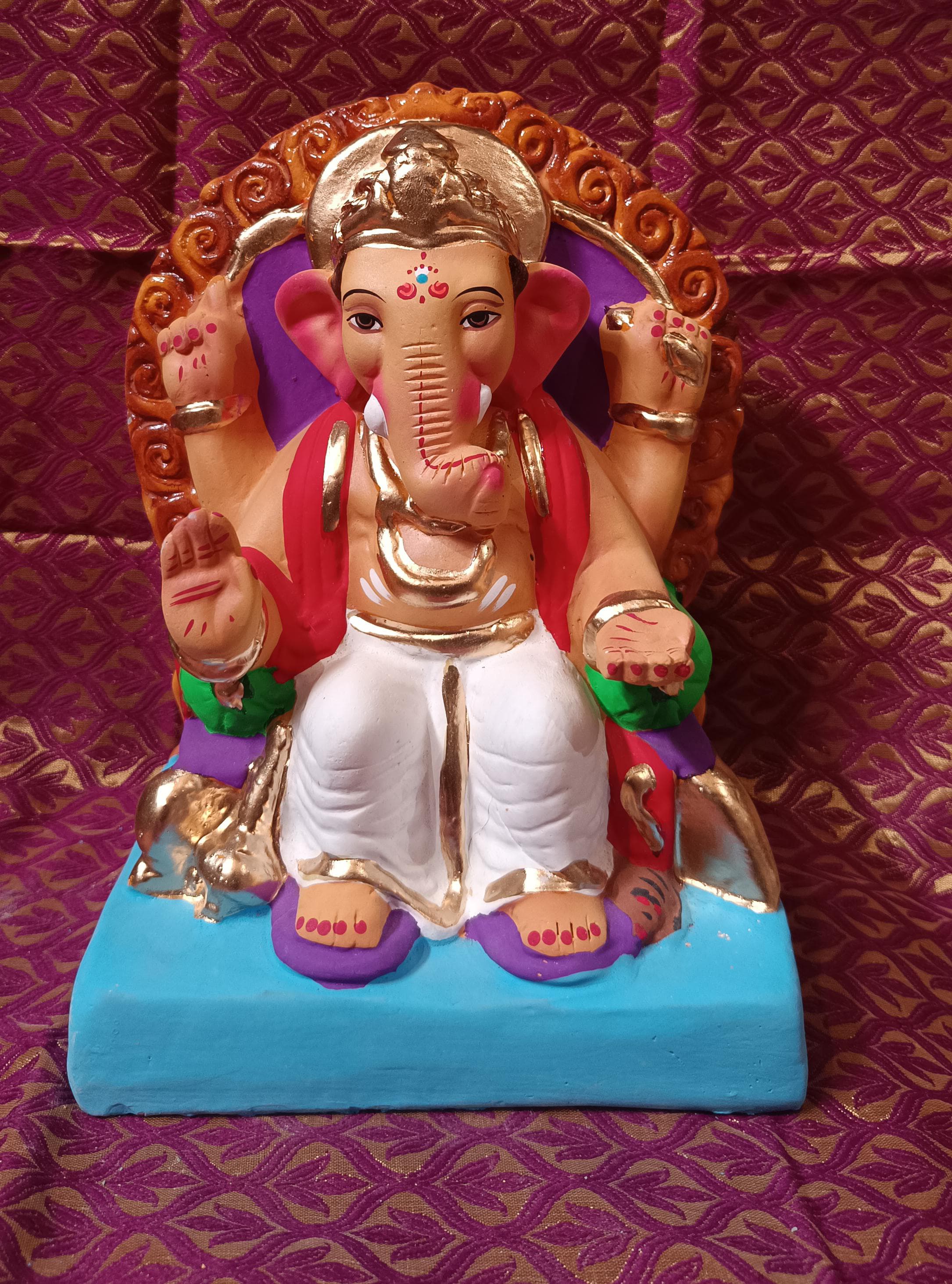 Ganesh Idol 8" Home Visarjan Kacchi Mitti Ganesh (Eco Friendly -35) (COLOURED) - Assorted Colour - Only Berlin same day delivery - Spice Village
