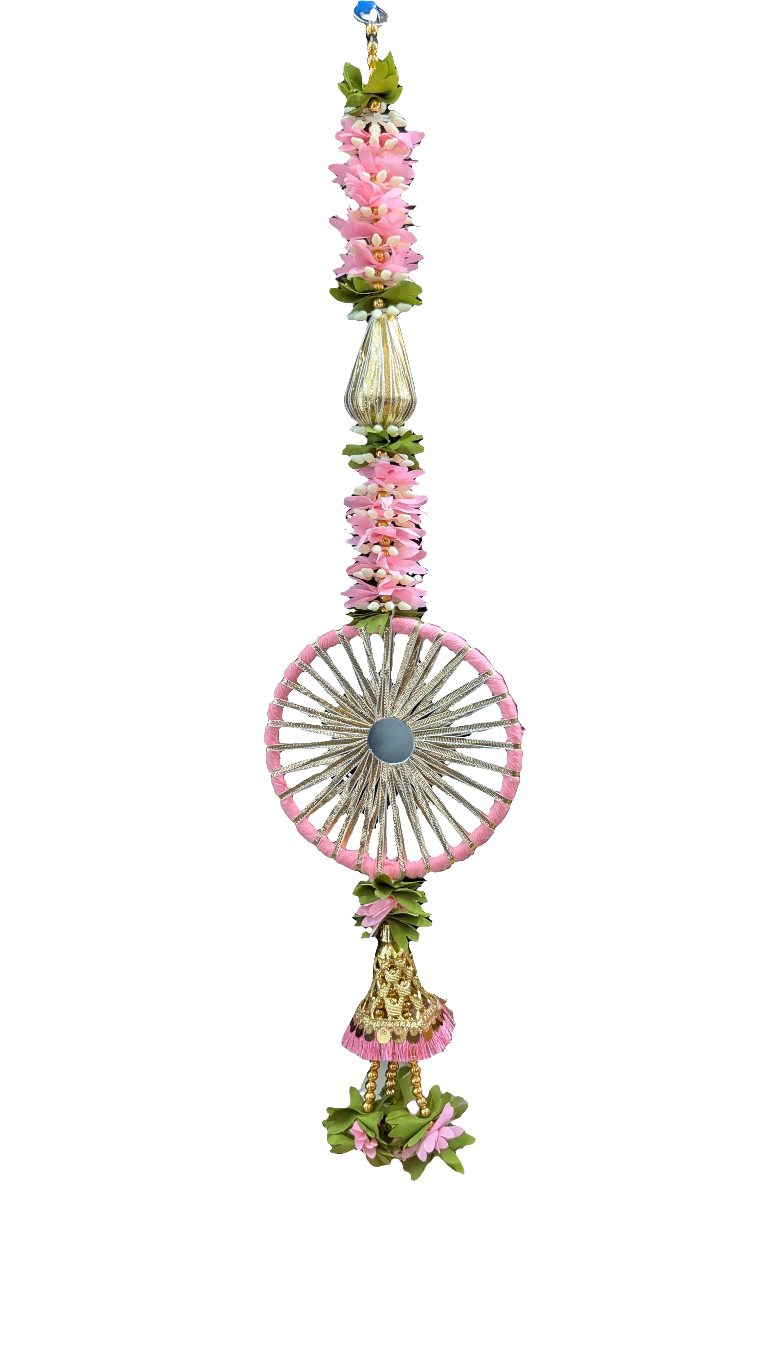 Artificial Marigold  Hanging Toran (Pink) Chakra and  Bell Set of 2 - Spice Village
