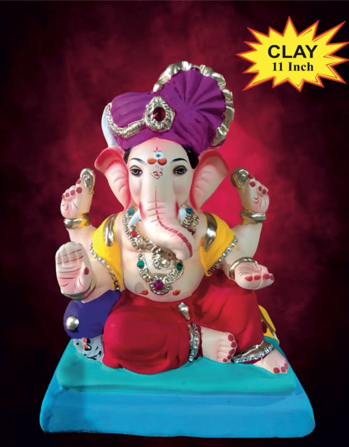 Ganesh Idol 11"  Home Visarjan Kacchi Mitti (Eco Friendly - 111 (Diamond) - Assorted Colour - Only Berlin same day delivery - Spice Village