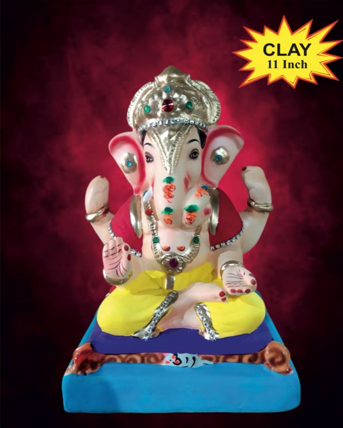 Ganesh Idol 11"  Home Visarjan Kacchi Mitti (Eco Friendly - 113 (Diamond) - Assorted Colour - Only Berlin same day delivery - Spice Village