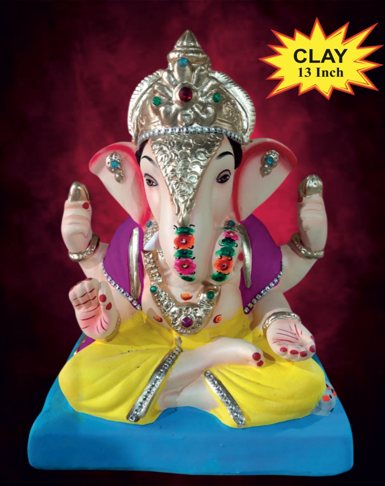 Ganesh Idol 13"  Home Visarjan Kacchi Mitti (Eco Friendly - 131 (Diamond) - Assorted Colour - Only Berlin same day delivery - Spice Village