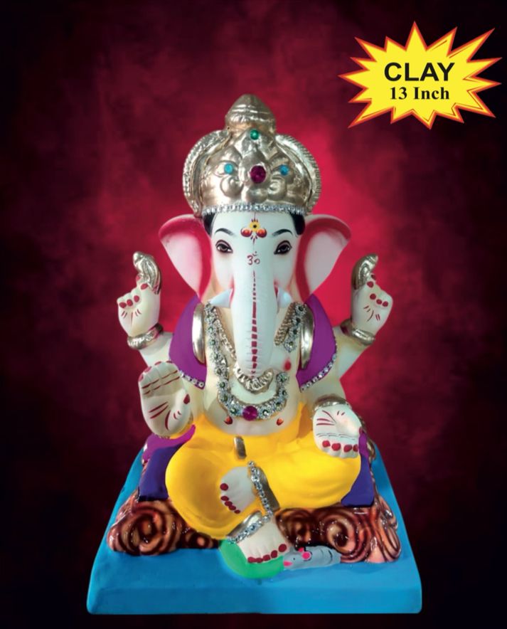 Ganesh Idol 13"  Home Visarjan Kacchi Mitti (Eco Friendly - 132 (Diamond) - Assorted Colour - Only Berlin same day delivery - Spice Village