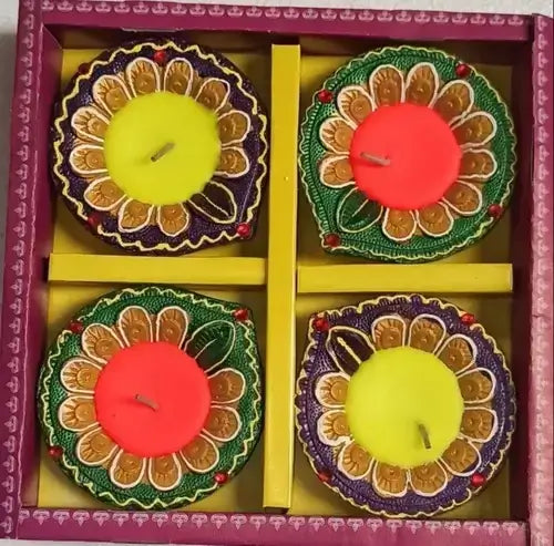 Premium Colorful Diya with Wax (Pack of 4) - Spice Village