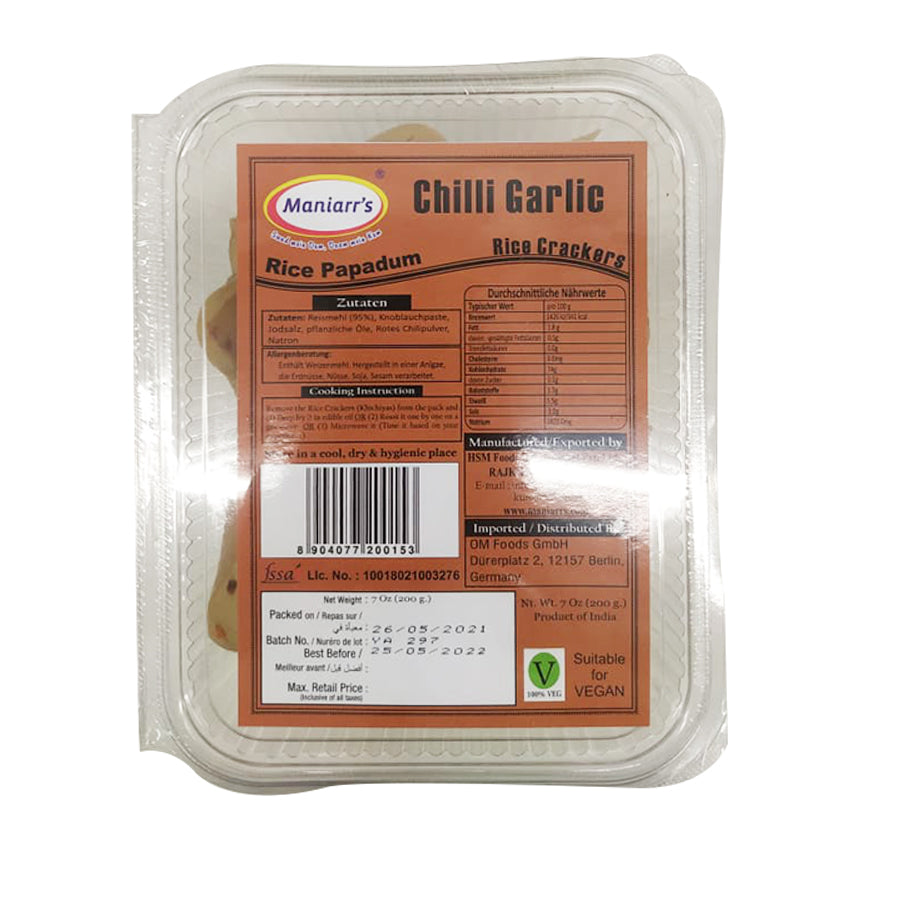 Maniarrs Rice Papad (Khichiya) - Chilli Garlic 200gm - Spice Village