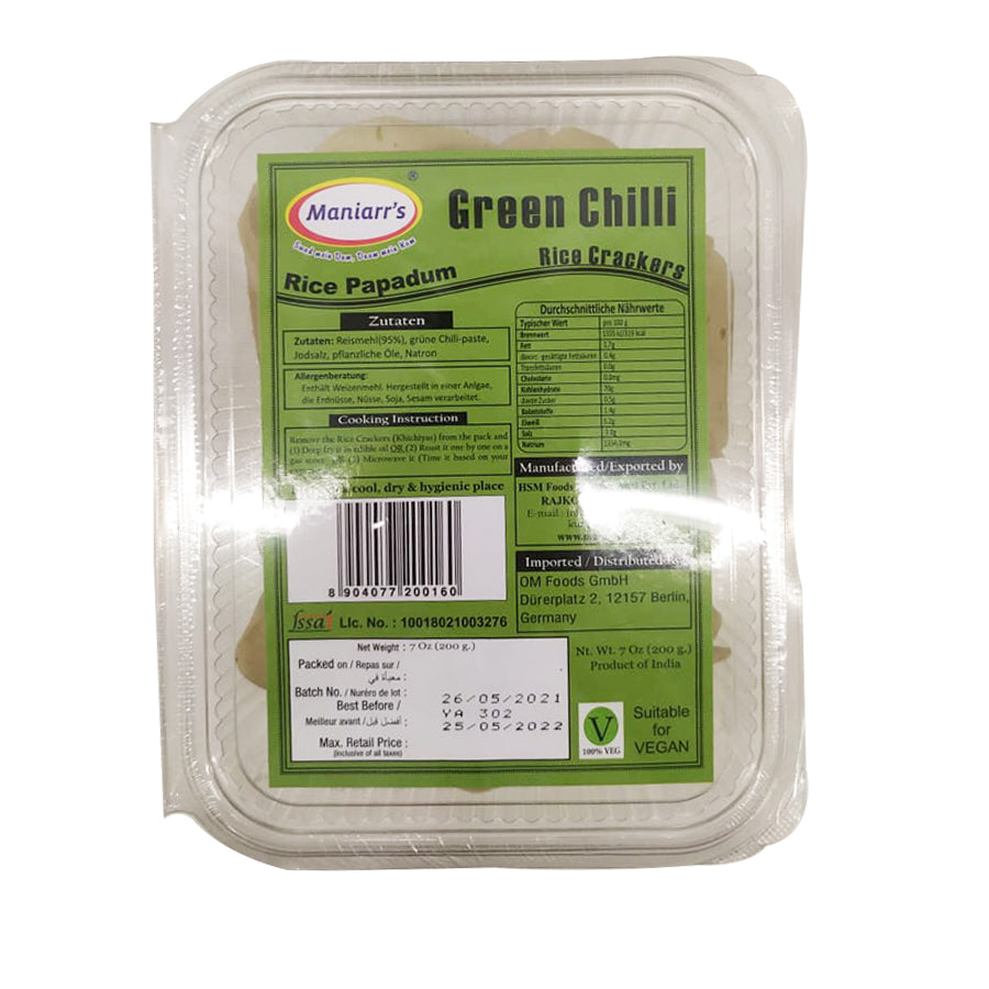Maniarrs Rice Papad (Khichiya) - Green Chilli 200gm - Spice Village