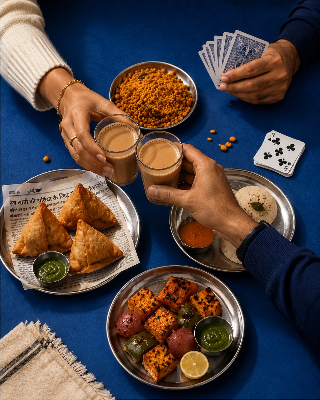 Indian dishes and spices on a blue table