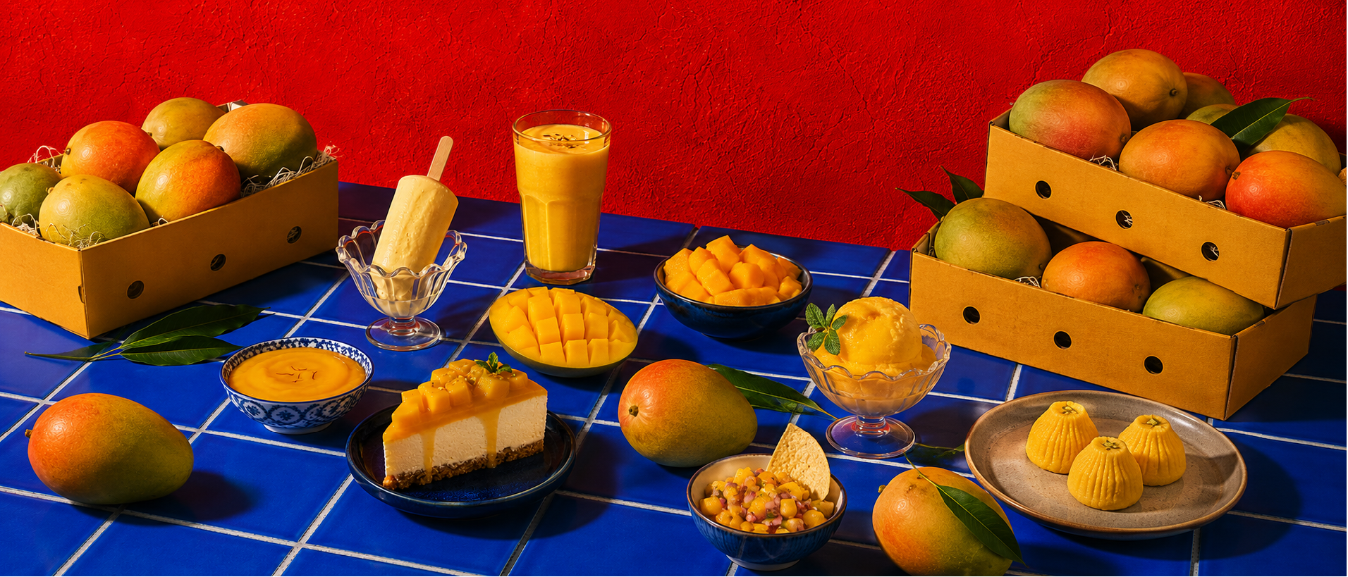 Mangoes and Indian sweets displayed at Spice Village